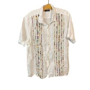 Tasso Elba 100% linen White Casual Button Down Shirt tropical Stripes resort XXL